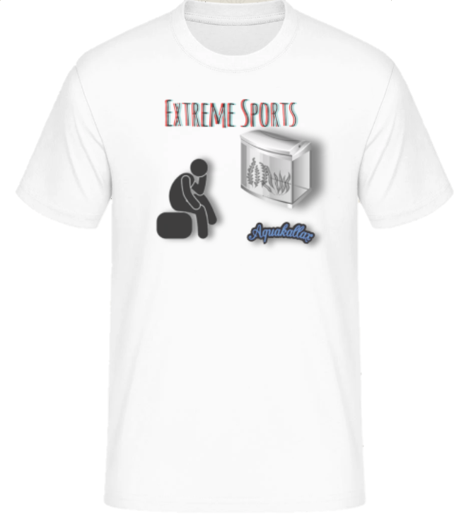 Weißes Aquakallax Aqua-Shirt in der Frontansicht mit Extreme Sports Aufdruck und Motiv einer sitzenden Person vor einem Aquarium