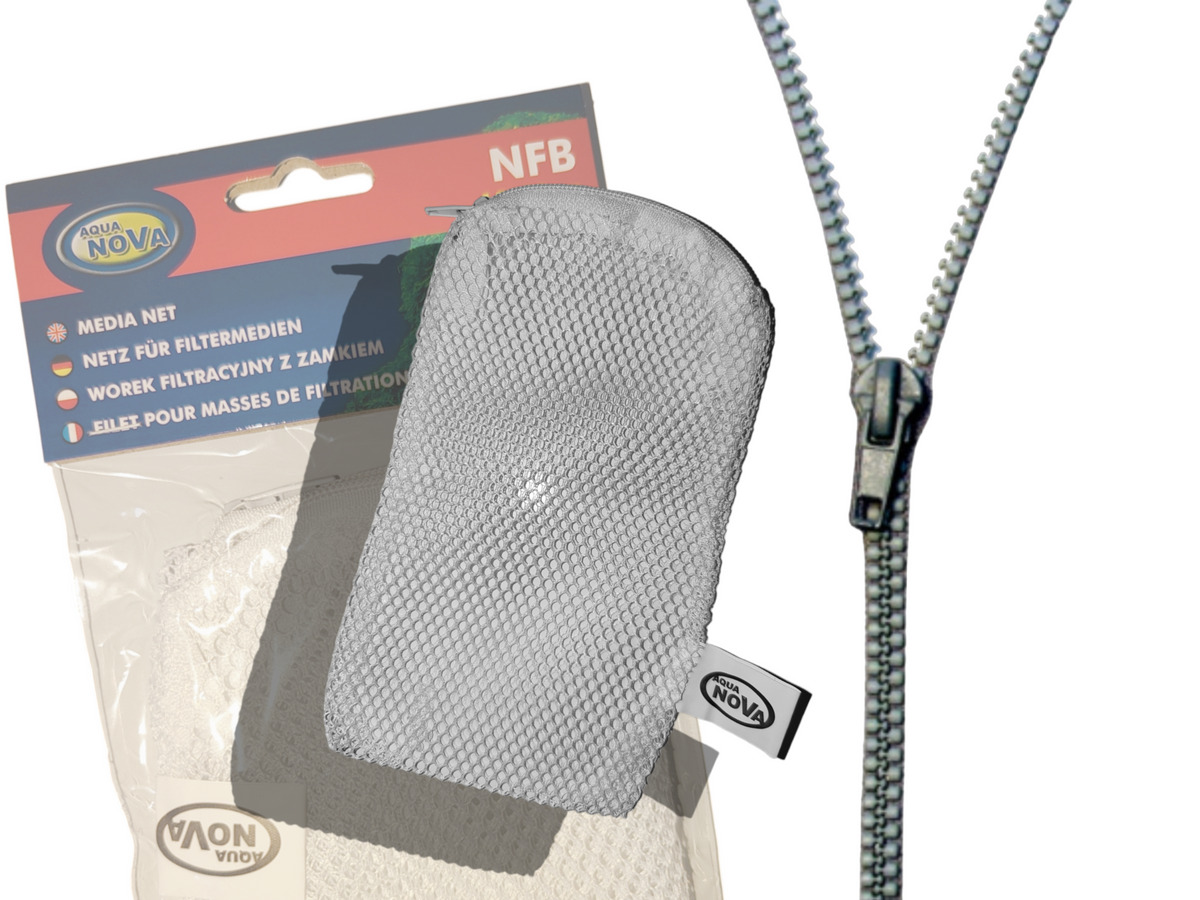 Aqua Nova Filtermedien-Netzbeutel mit Verpackung und Nahansicht des Reißverschlusses auf weißem Hintergrund