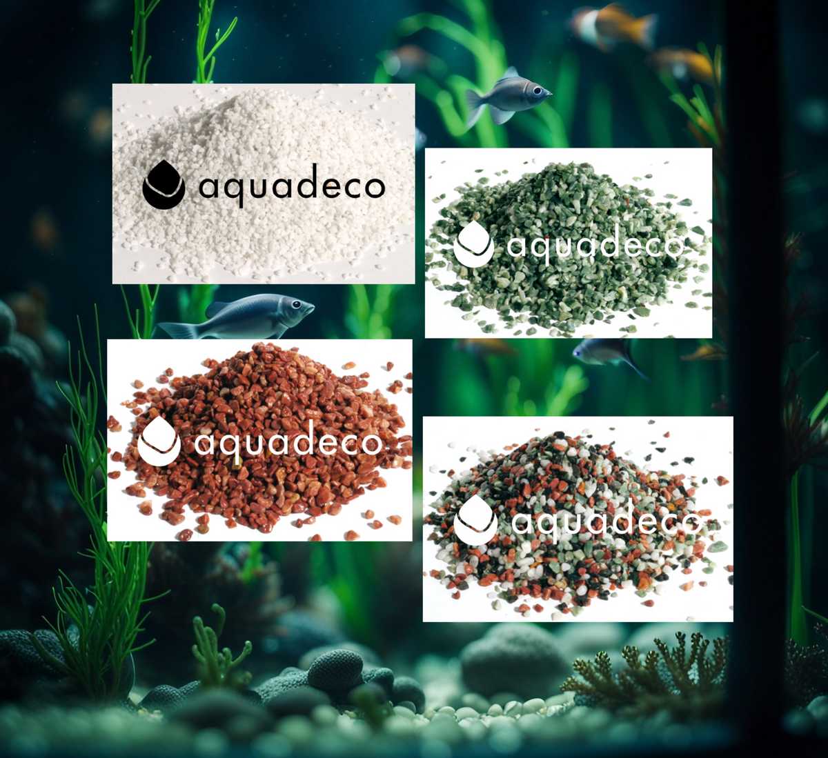 Aquadeco Naturkies in Weiß, Grün, Rot und bunter Mischung auf einer Übersichtsgrafik vor einem Aquariumhintergrund