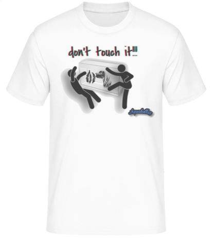 Weißes Aquakallax Aqua-Shirt mit don’t touch it Aufdruck und humorvollem Motiv zweier Figuren vor einem Aquarium in der Frontansicht