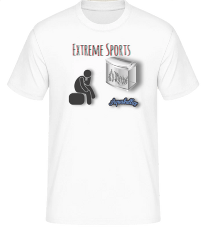 Weißes Aquakallax Aqua-Shirt in der Frontansicht mit Extreme Sports Aufdruck und Motiv einer sitzenden Person vor einem Aquarium