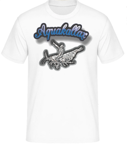 Weißes Aquakallax Aqua-Shirt mit blauem Aquakallax Schriftzug und schwarzem Fischmotiv in der Frontansicht
