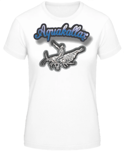 Weißes Aquakallax Aqua-Shirt mit blauem Aquakallax Schriftzug und schwarzem Fischmotiv auf der Vorderseite