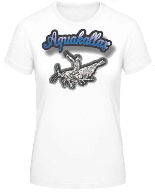 Weißes Aquakallax Aqua-Shirt mit blauem Aquakallax Schriftzug und schwarzem Fischmotiv auf der Vorderseite