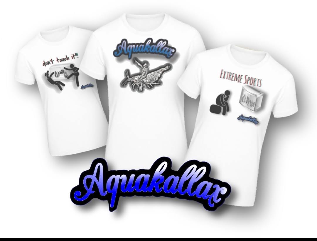 Drei weiße Aquakallax Aqua-Shirts mit Fischmotiv und humorvollen Aquaristik-Aufdrucken in einer Übersicht mit Aquakallax Logo