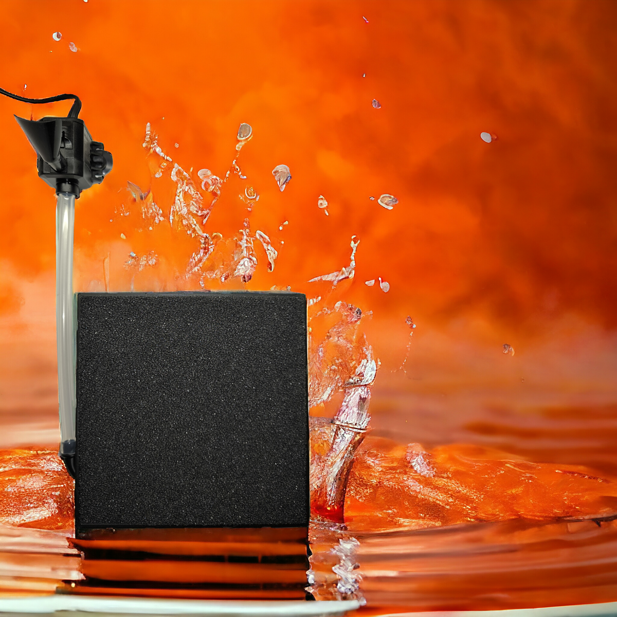 Aquakallax BlackBox HMF mit schwarzer Filtermatte und seitlichem Pumpenantrieb vor orangefarbenem Hintergrund mit Wasserspritzern