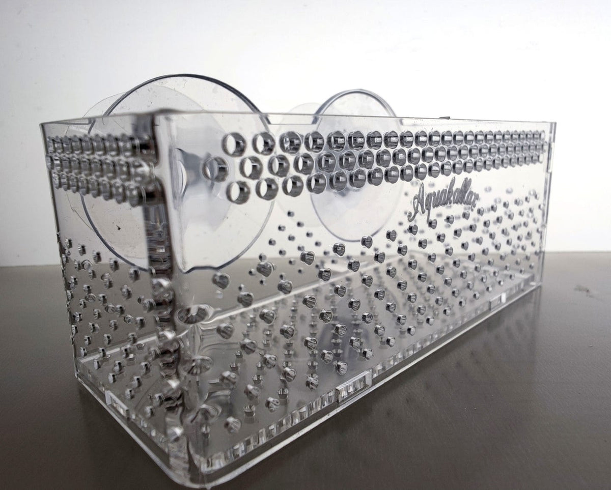 Aquakallax Bucen-Box mit gelochter transparenter Front, Schriftzug und zwei Saugnäpfen in Nahansicht