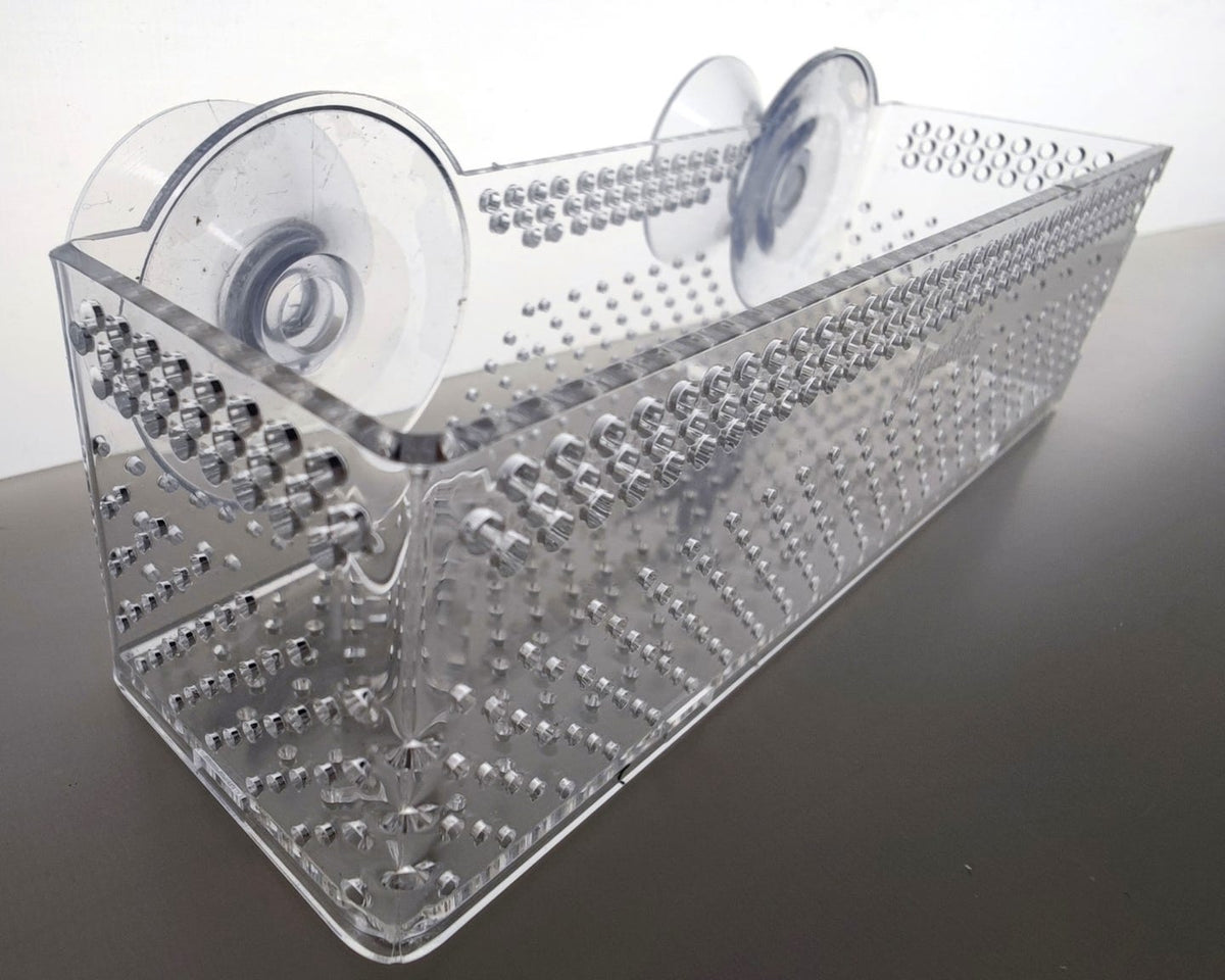 Transparente Aquakallax Bucen-Box mit zwei Saugnäpfen und gelochten Wänden in schräger Produktnahansicht