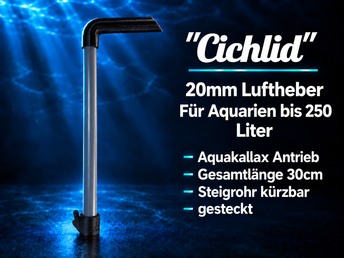 Aquakallax Luftheber Cichlid mit 20 mm Steigrohr und Produktgrafik: 30 cm Gesamtlänge, kürzbares Rohr und für Aquarien bis 250 Liter