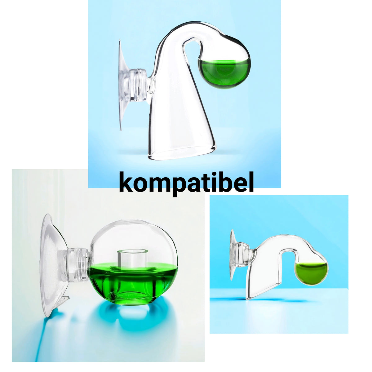 Übersicht mit drei kompatiblen CO₂-Dauertests aus Glas für die Aquakallax Magnetbefestigung, jeweils mit grüner Testflüssigkeit