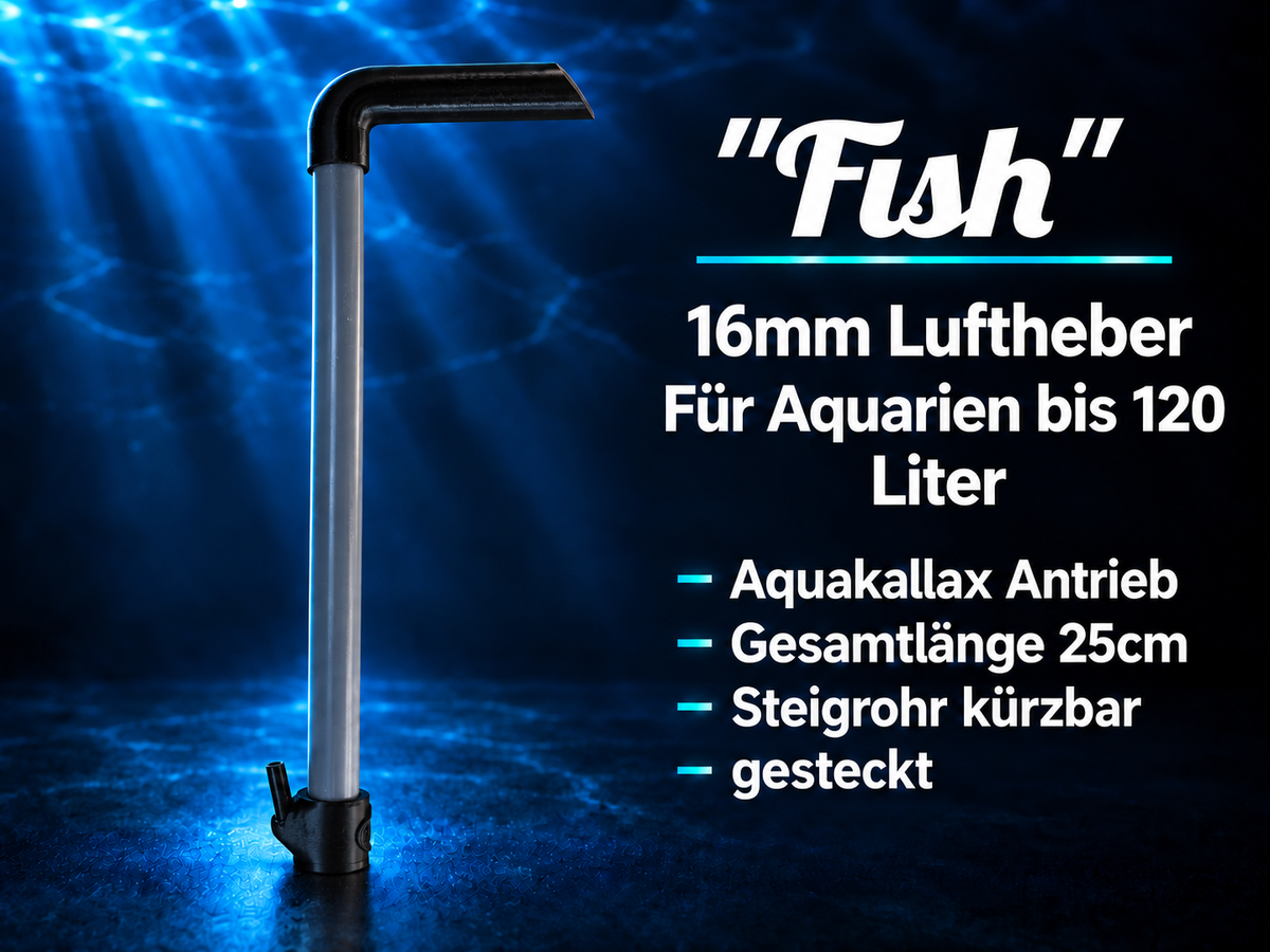 Aquakallax Luftheber Fish mit 16 mm Steigrohr und Produktgrafik: 25 cm Gesamtlänge, kürzbares Rohr und für Aquarien bis 120 Liter