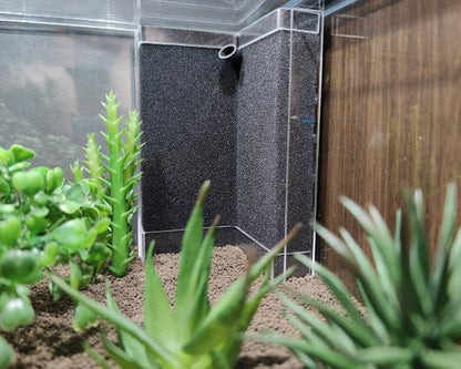 Aquakallax Konkav-HMF mit Luftheber im Kallax-Aquarium zwischen Pflanzen mit grauen Filtermatten und transparentem Rahmen
