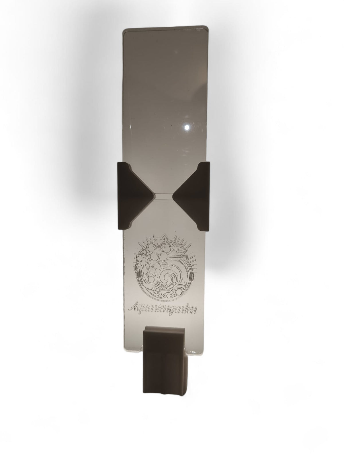 Aquakallax LED-Lift für Aufsteckleuchten: transparente Höhenschiene mit Klemmteilen und Aquariengarten-Gravur, Vorderansicht