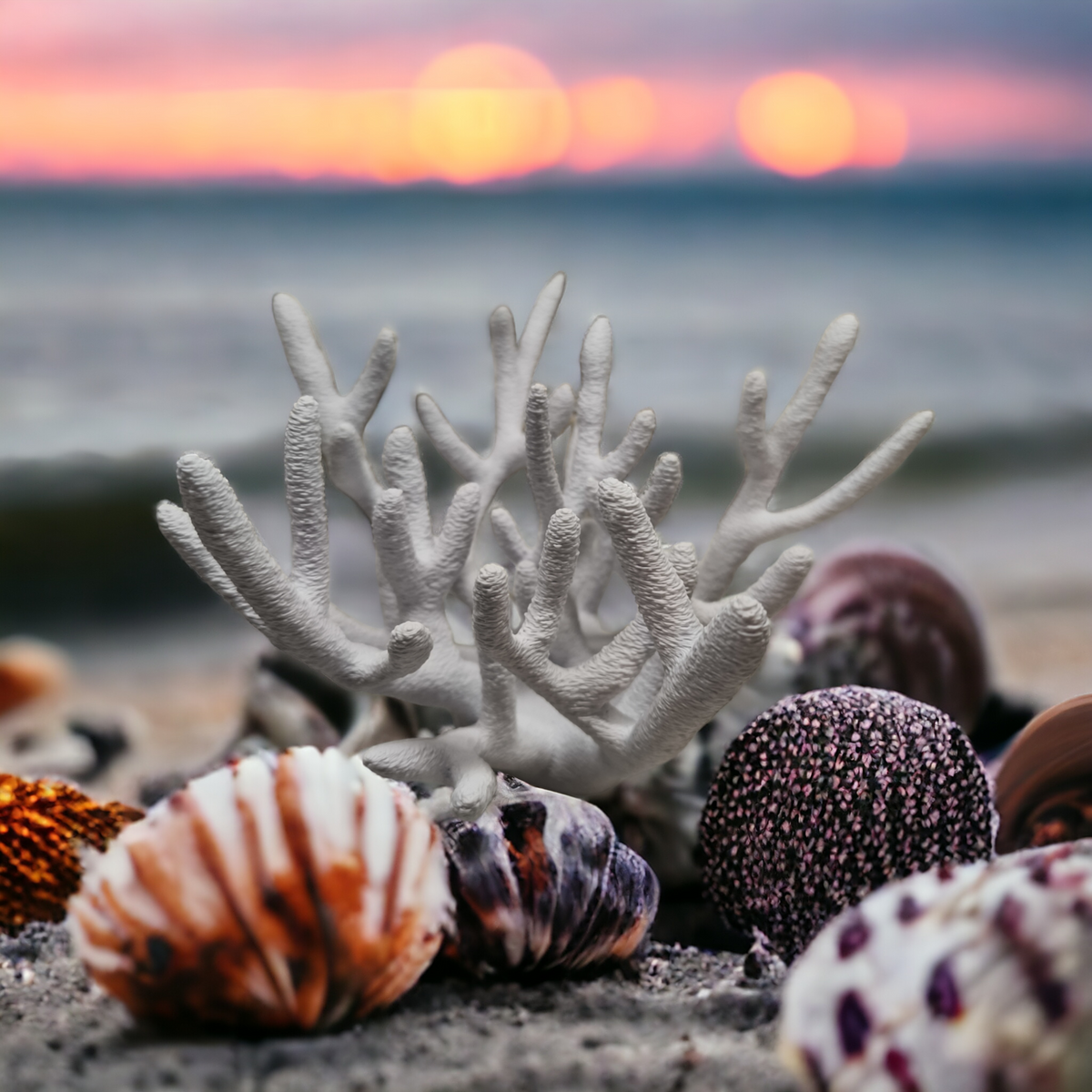 Weißer Aquakallax Magnetic Coral Fragträger mit aufrechten verzweigten Ästen zwischen bunten Muscheln am Strand