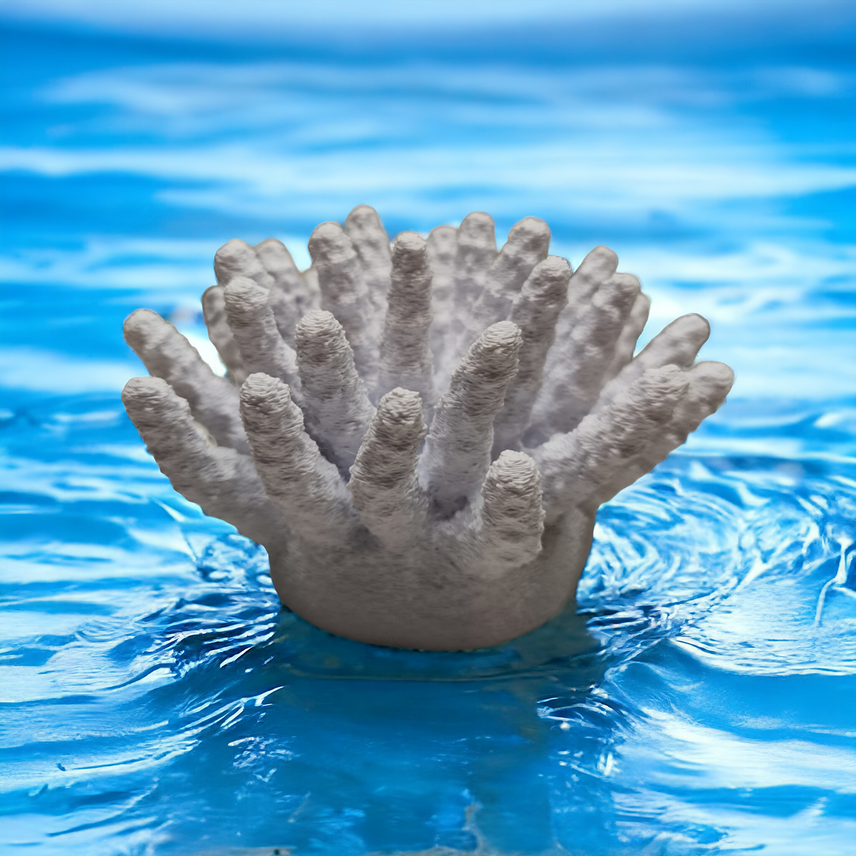 Weißer Aquakallax Magnetic Coral Fragträger in Becherform mit aufrechten stabförmigen Ästen vor blauem Wasserhintergrund