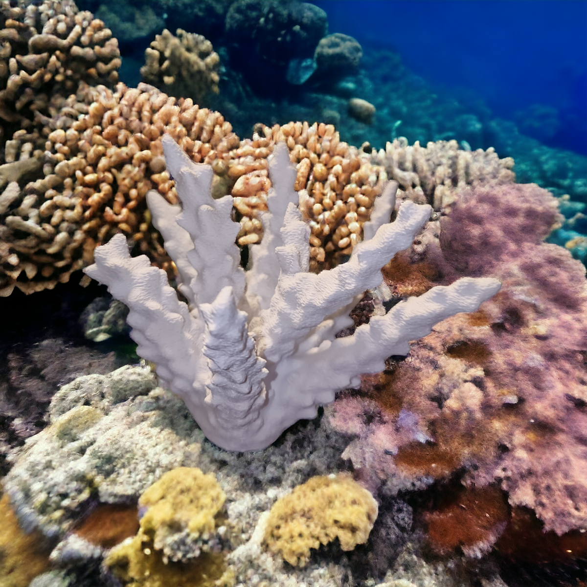 Weißer Aquakallax Magnetic Coral Fragträger mit flachen aufrechten Ästen zwischen gelben, orangefarbenen und violetten Korallen