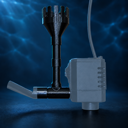 Aquakallax Oberflächenskimmer mit schwarzem Ansaugrohr und Skimmerkopf, montiert an einer Aquael PAT MINI Pumpe