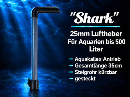 Aquakallax Luftheber Shark mit 25 mm Steigrohr und Produktgrafik: 35 cm Gesamtlänge, kürzbares Rohr und für Aquarien bis 500 Liter