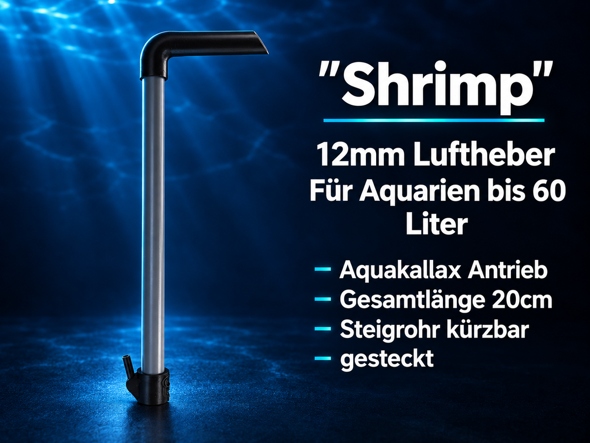 Aquakallax Luftheber Shrimp mit 12 mm Steigrohr und Produktgrafik: 20 cm Gesamtlänge, kürzbares Rohr und für Aquarien bis 60 Liter