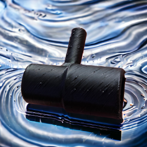 Schwarze Aquakallax Venturidüse mit seitlichem Luftanschluss vor einem Hintergrund mit Wasserwellen