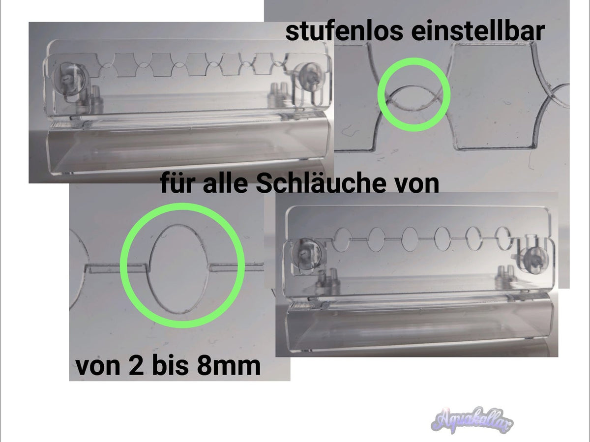 Grafik des Aquakallax sechsfachen Dosierschlauchhalters mit stufenlos einstellbaren Führungen für Schläuche von 2 bis 8 mm