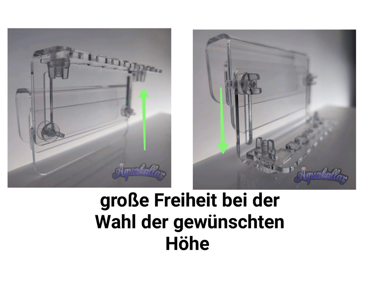 Grafik zur Höhenverstellung des Aquakallax sechsfachen Dosierschlauchhalters mit zwei Montagepositionen und Pfeilen