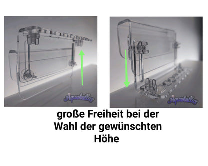 Grafik zur Höhenverstellung des Aquakallax sechsfachen Dosierschlauchhalters mit zwei Montagepositionen und Pfeilen